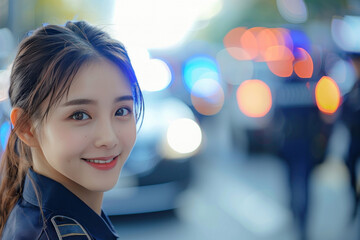 Obraz premium Asian woman wearing police officer uniform, patrol car background