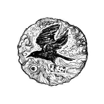 Beautiful vector art with a crow, or raven. Tattoo idea drawing. Hand drawn human art. Creature gothic art. Can be used as background or cover, clothes design, or other.