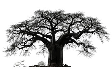 Baobab tree silhouette, trunk stout and branches sprawling, on white background. - obrazy, fototapety, plakaty