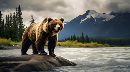 Majestic grizzly bear in its sublime, natural habitat against breathtaking misty mountain backdrop
