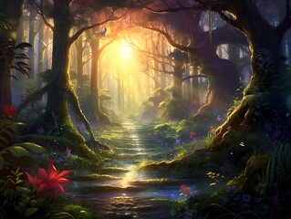Fantasy landscape with a pathway in the forest. 3d rendering