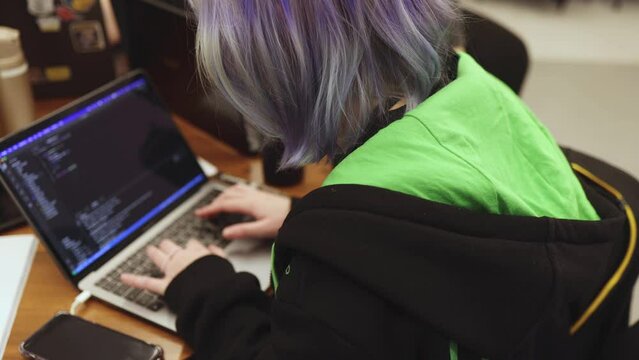 Female software developer students working on computer and laptop, programming contest hackathon competition, pc with coding program app, competitive programming for software engineer
