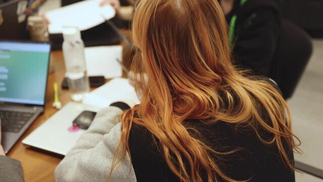 Female software developer students working on computer and laptop, programming contest hackathon competition, pc with coding program app, competitive programming for software engineer