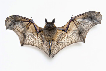 Bat silhouette with wings spread wide, in a landing pose, on a white background.