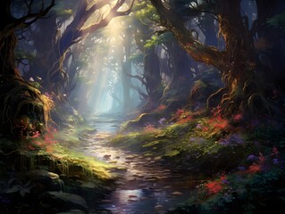 Fantasy landscape of the forest with a river and a path through it