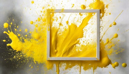Yellow splashes of paint with square frame on white background