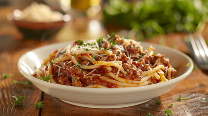 A white bowl filled with cooked pasta covered in savory tomato sauce, ready to be enjoyed.