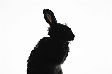 Bunny silhouette washing its face, paws up, endearing moment, white background.