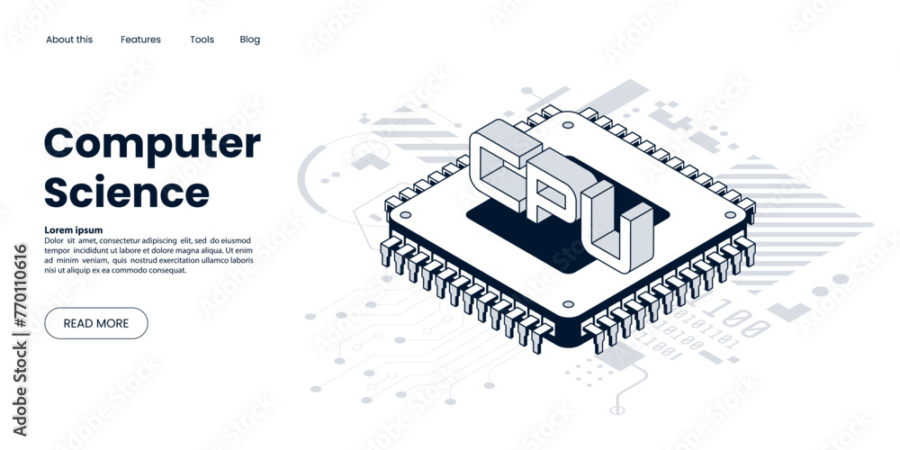 Aufkleber Isometric CPU computer processor in outline style. Computer technology web page concept. Data processing. Tech banner design. Vector illustration.