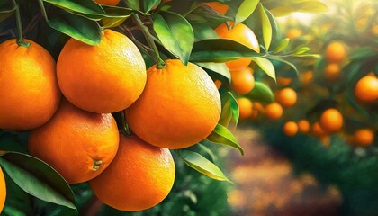 Bunch of fresh ripe oranges hanging on a tree in orange garden.  - obrazy, fototapety, plakaty
