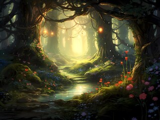 Fantasy forest in the fog at night. 3D illustration.