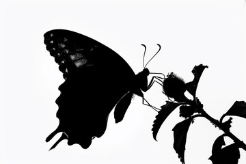 Butterfly silhouette emerging from a cocoon, transformation captured, against white.
