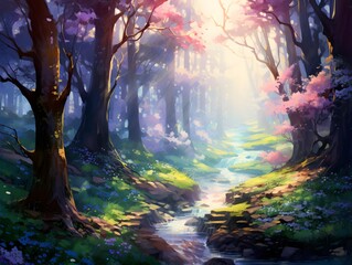 Beautiful fantasy landscape with river and trees. 3d illustration.