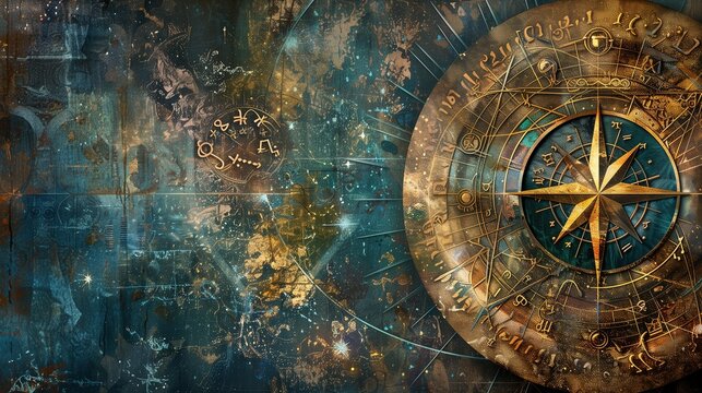 Astrological Symbols and Nautical Compass Collage