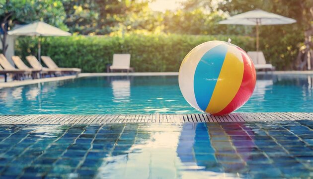 Summer holidays background with colorful beach ball floating on luxury swimming pool and copy space