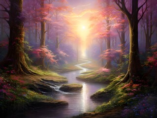 Beautiful panoramic view of autumn forest and river at sunrise