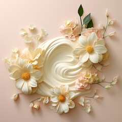 White dahlia flowers and cream swirl on a patel pink background