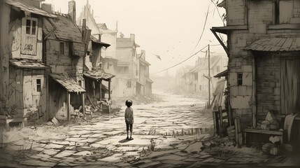 a boy is standing in a scene of destroyed streets