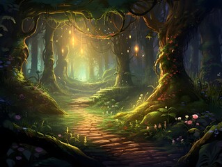 Fantasy landscape with a dark forest and a path in the middle