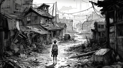 a boy is standing in a scene of destroyed streets