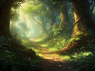 Mysterious forest with path and trees - 3D illustration.