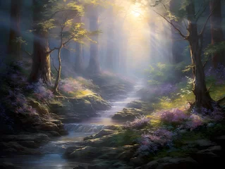 Tafelkleed Digital painting of a forest river flowing through the forest with pink flowers © Iman