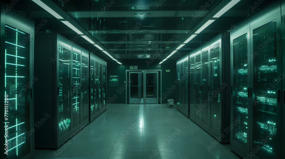 Poster a computer server room is illuminated with lights and lights in the hallway