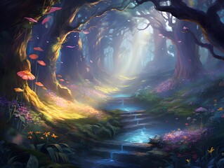 Fantasy landscape of a fantasy forest with trees and plants, 3d illustration