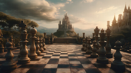 a chess game is in battle with castles and knights - obrazy, fototapety, plakaty