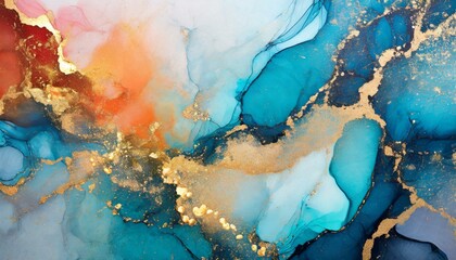 Marble ink abstract art background. Luxury abstract fluid art painting in alcohol ink technique, mixture of blue, orange and gold paints. - obrazy, fototapety, plakaty