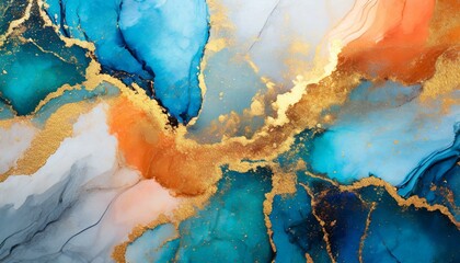 Fototapeta premium Marble ink abstract art background. Luxury abstract fluid art painting in alcohol ink technique, mixture of blue, orange and gold paints