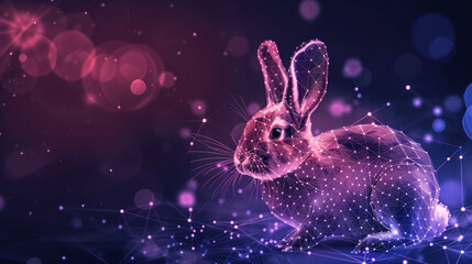 Fototapeta premium Polygonal Easter bunny hologram composed of sparkling points and lines on dark blurred lights backdrop