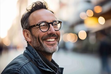 Portrait of a smiling senior man with eyeglasses in the city - obrazy, fototapety, plakaty