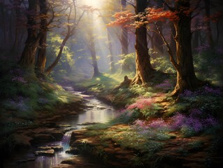 Digital painting of a woodland scene with a river flowing through it.