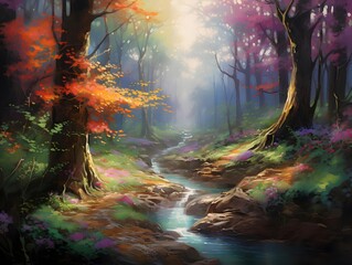 Digital painting of a colorful autumn forest with a stream flowing through it