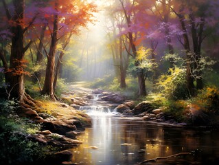 Beautiful autumn landscape with colorful forest and river, panoramic view