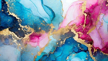 Marble ink abstract art background. Luxury abstract fluid art painting in alcohol ink technique, mixture of blue, pink and gold paints.