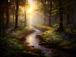 Digital painting of a river flowing through the forest during a foggy sunrise