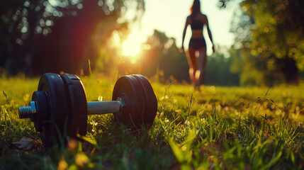 Early morning workout ambiance with dumbbells on the grass and a female runner in the background, embodying a healthy start to the day. - obrazy, fototapety, plakaty