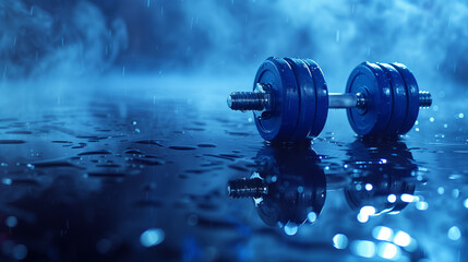 Fitness motivation concept with dumbbells on the ground wet from rain with reflections, no-excuses...