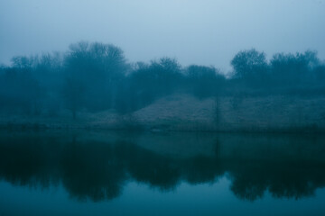 Fototapeta na wymiar Foggy frost lake . Landscape with fog . Mystery nature . Blue hour . Morning at winter .