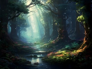 Fantasy landscape with a river in the forest. 3d rendering