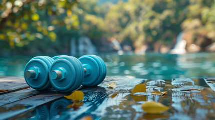 Blue dumbbells on a lakeside wooden pier, capturing the essence of a calm and serene workout...