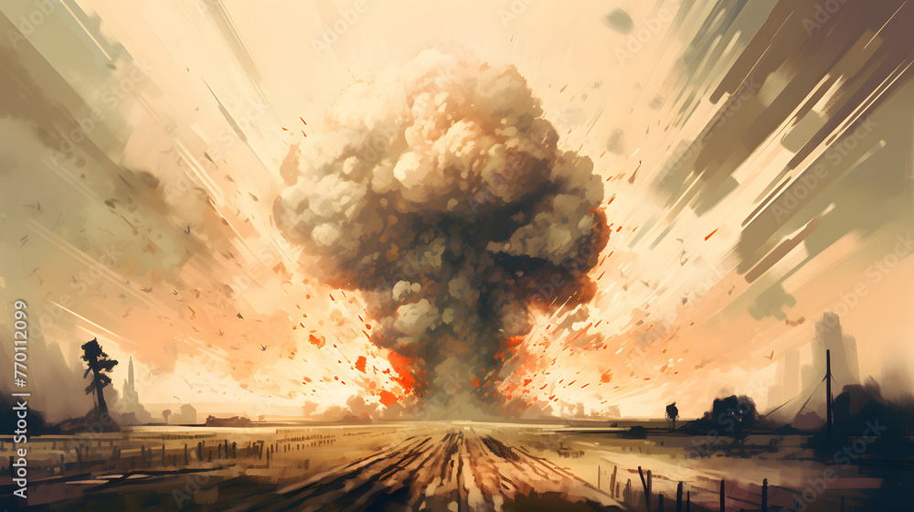 Poster a mushroom cloud explodes down onto a field