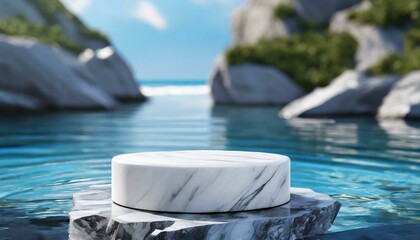 Podium water background product display scene 3d marble stand stone summer platform.