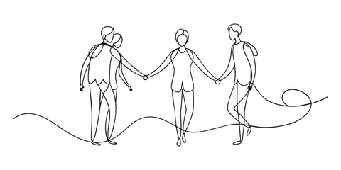 Four friends together continuous line art drawing on white background.