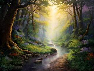 Beautiful fantasy forest with a stream in the middle of the forest