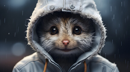 a mouse in a hoodie sitting in front of a laptop
