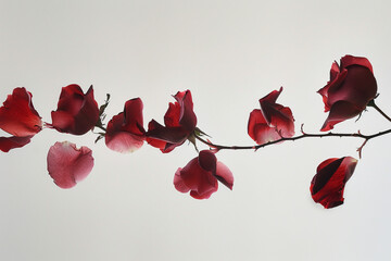 Falling rose petal silhouettes, a gentle cascade around a stem, poetic and soft, white background. - obrazy, fototapety, plakaty