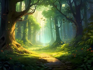 Mysterious green forest with a path in the middle, 3d render